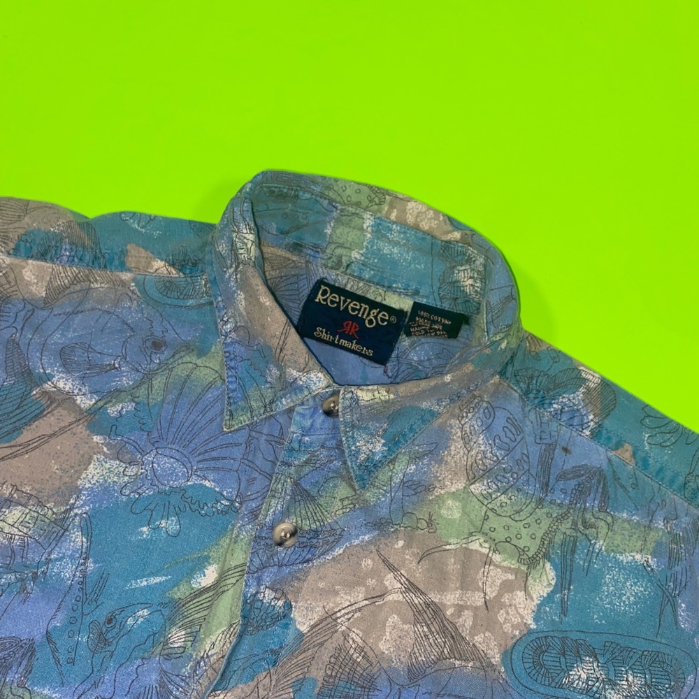 Revenge Shirtmakers Mens Small Blue Green Fish Print Cotton Short Sleeve Shirt